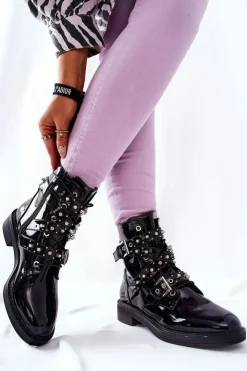 Boto Czarne Botki|Botki Zimowe Damskie*Botki Lakierowane Z Paskami Czarne Loristy