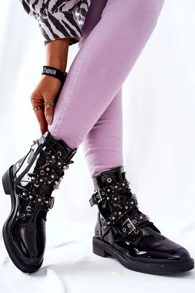 Boto Czarne Botki|Botki Zimowe Damskie*Botki Lakierowane Z Paskami Czarne Loristy