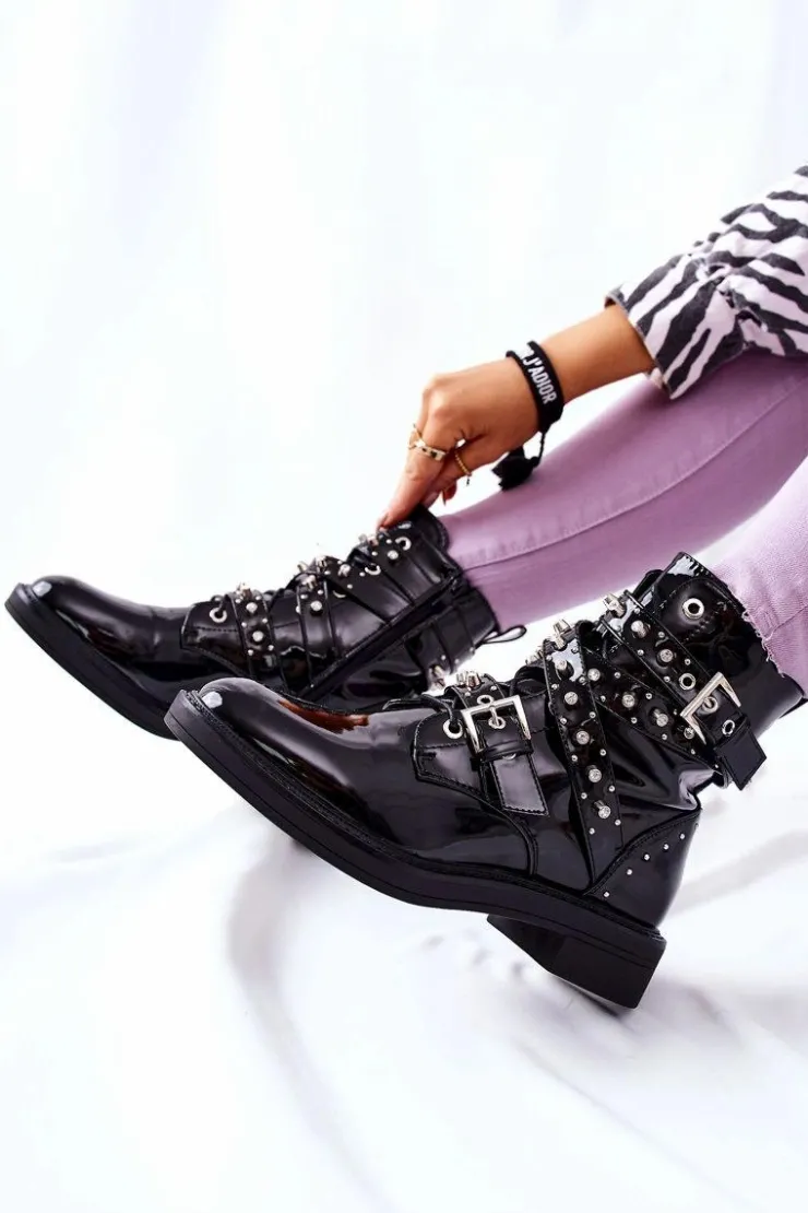 Boto Czarne Botki|Botki Zimowe Damskie*Botki Lakierowane Z Paskami Czarne Loristy