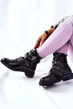 Boto Czarne Botki|Botki Zimowe Damskie*Botki Lakierowane Z Paskami Czarne Loristy