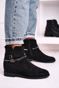 Boto Botki Na Koturnie Z Łańcuszkiem Zamszowe Czarne Eliza