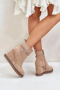 Damskie Boto Botki Na Koturnie Z Ozdobnym Paskiem Beżowe Kaiviana