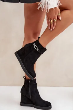 Boto Botki Ocieplane|Botki Na Koturnie*Botki Na Koturnie Z Ozdobnym Paskiem Czarne Kaiviana Czarny