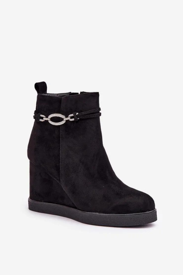 Boto Botki Ocieplane|Botki Na Koturnie*Botki Na Koturnie Z Ozdobnym Paskiem Czarne Kaiviana Czarny