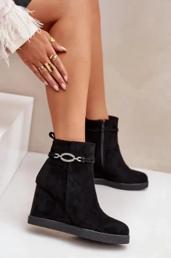 Boto Botki Ocieplane|Botki Na Koturnie*Botki Na Koturnie Z Ozdobnym Paskiem Czarne Kaiviana Czarny