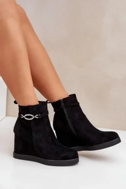 Boto Botki Ocieplane|Botki Na Koturnie*Botki Na Koturnie Z Ozdobnym Paskiem Czarne Kaiviana Czarny