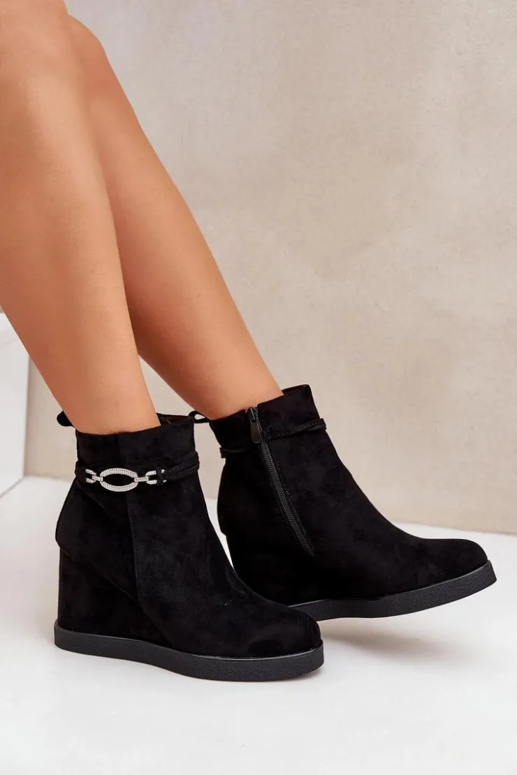 Boto Botki Ocieplane|Botki Na Koturnie*Botki Na Koturnie Z Ozdobnym Paskiem Czarne Kaiviana Czarny