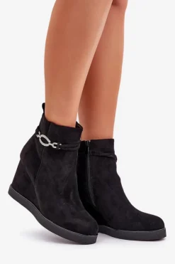 Boto Botki Ocieplane|Botki Na Koturnie*Botki Na Koturnie Z Ozdobnym Paskiem Czarne Kaiviana Czarny