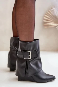 New Boto Botki Na Koturnie Z Wywiniętą Cholewką I Klamrą Czarne Vortinia Czarny