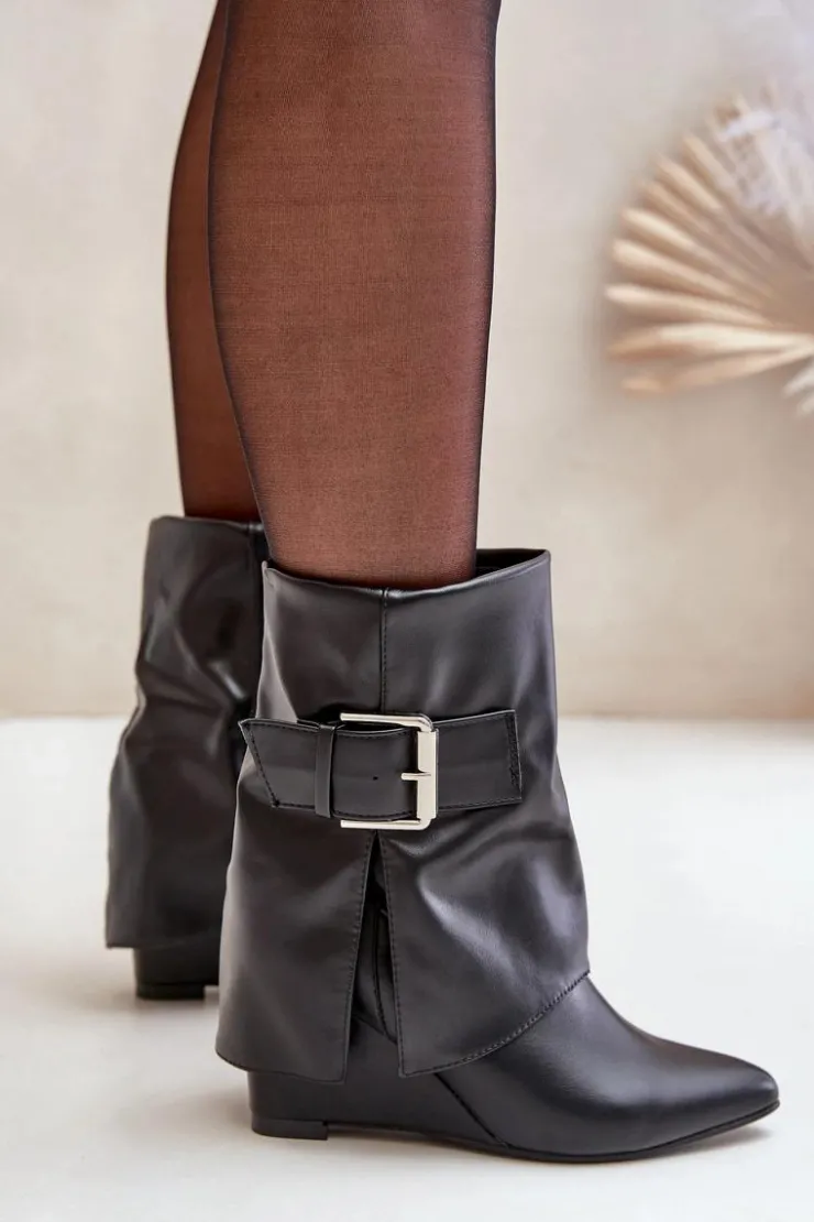 New Boto Botki Na Koturnie Z Wywiniętą Cholewką I Klamrą Czarne Vortinia Czarny