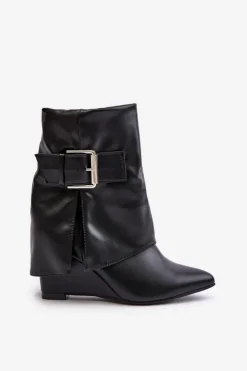 New Boto Botki Na Koturnie Z Wywiniętą Cholewką I Klamrą Czarne Vortinia Czarny