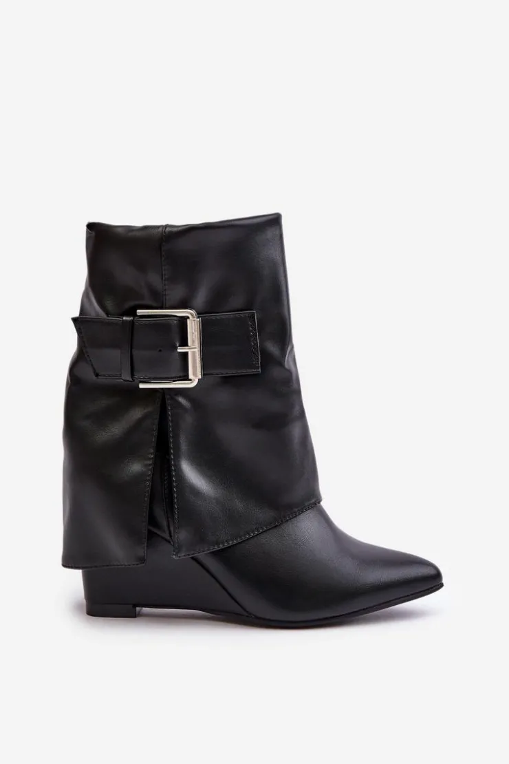 New Boto Botki Na Koturnie Z Wywiniętą Cholewką I Klamrą Czarne Vortinia Czarny