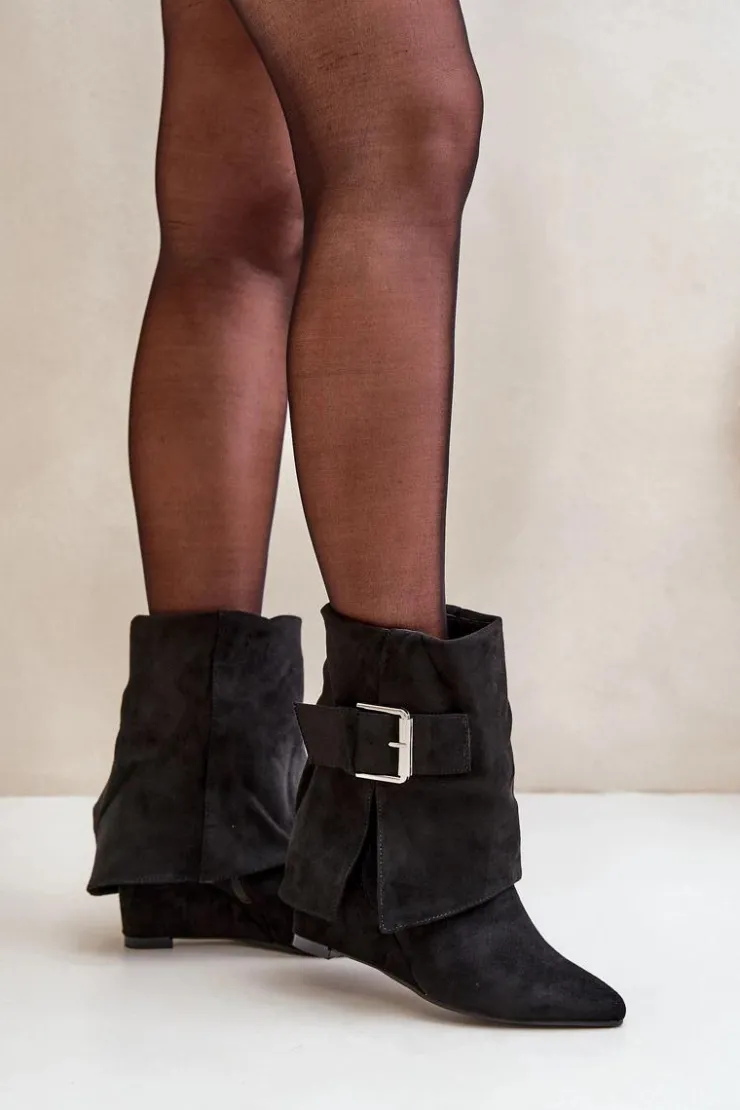 Boto Botki Na Koturnie|Czarne Botki*Botki Na Koturnie Z Wywiniętą Cholewką I Klamrą Eko Zamszowe Czarne Vortinia Czarny