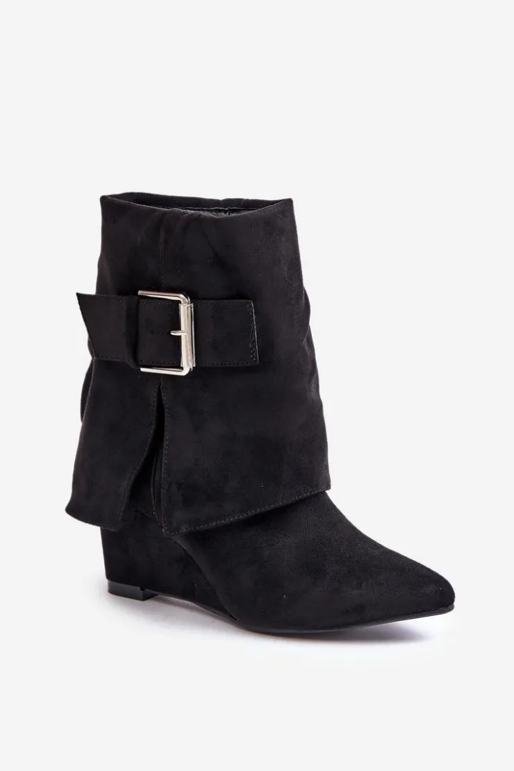 Boto Botki Na Koturnie|Czarne Botki*Botki Na Koturnie Z Wywiniętą Cholewką I Klamrą Eko Zamszowe Czarne Vortinia Czarny