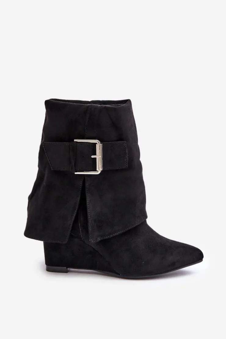 Boto Botki Na Koturnie|Czarne Botki*Botki Na Koturnie Z Wywiniętą Cholewką I Klamrą Eko Zamszowe Czarne Vortinia Czarny