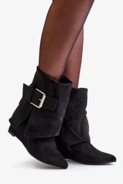 Boto Botki Na Koturnie|Czarne Botki*Botki Na Koturnie Z Wywiniętą Cholewką I Klamrą Eko Zamszowe Czarne Vortinia Czarny