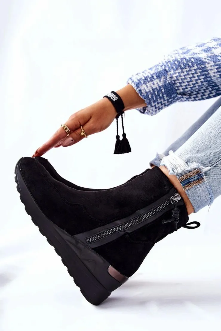 Damskie Evento Botki Na Koturnie Zamszowe Czarne Athelaine