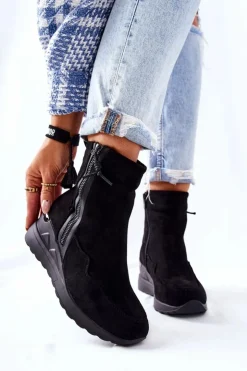 Damskie Evento Botki Na Koturnie Zamszowe Czarne Athelaine