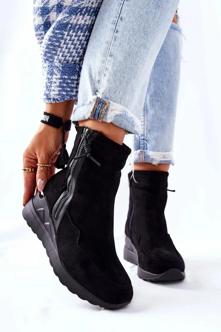 Damskie Evento Botki Na Koturnie Zamszowe Czarne Athelaine