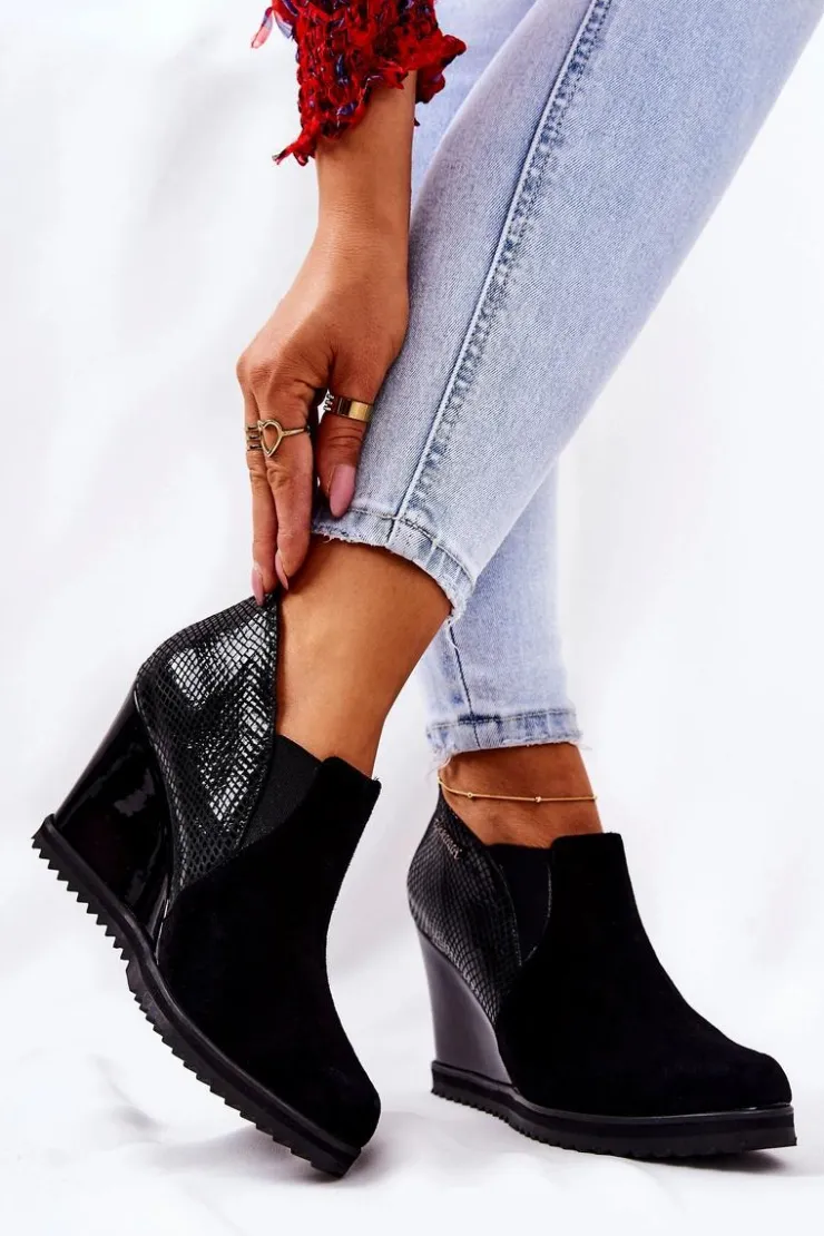 Damskie Monnari Botki Na Koturnie Zwierzęcy Wzór 0990-020 Czarne