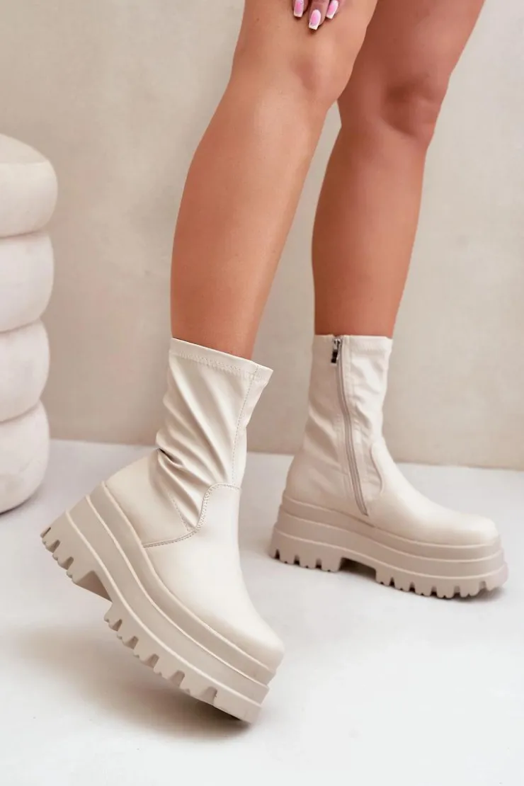 Boto Botki Ocieplane|Brązowe I Beżowe Botki*Botki Na Masywnej Platformie Jasnobeżowe Florinara Beżowy