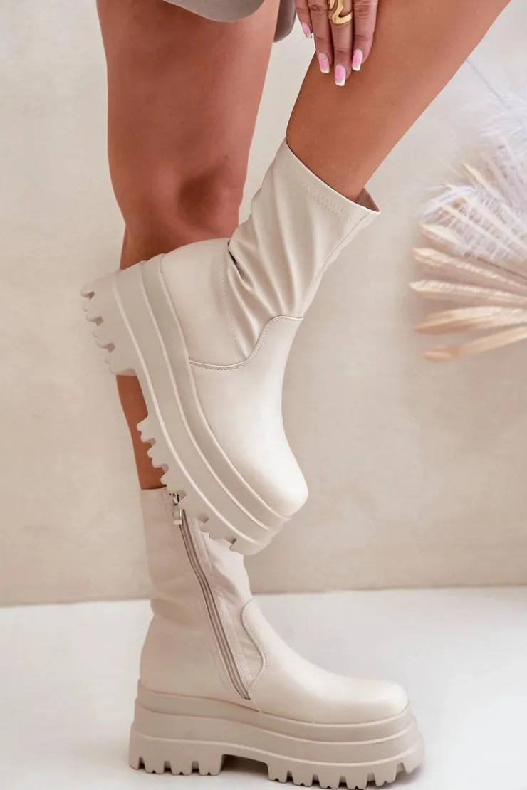 Boto Botki Ocieplane|Brązowe I Beżowe Botki*Botki Na Masywnej Platformie Jasnobeżowe Florinara Beżowy