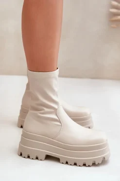 Boto Botki Ocieplane|Brązowe I Beżowe Botki*Botki Na Masywnej Platformie Jasnobeżowe Florinara Beżowy