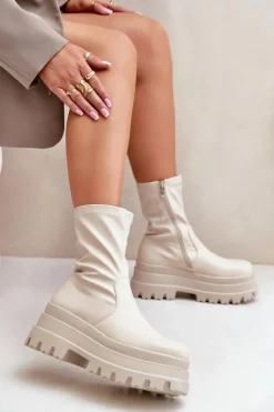 Boto Botki Ocieplane|Brązowe I Beżowe Botki*Botki Na Masywnej Platformie Jasnobeżowe Florinara Beżowy