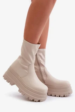 Boto Botki Ocieplane|Brązowe I Beżowe Botki*Botki Na Masywnej Platformie Jasnobeżowe Florinara Beżowy