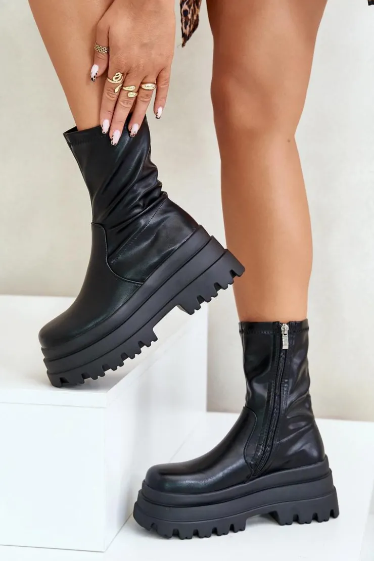 Boto Botki Ocieplane|Czarne Botki*Botki Na Masywnej Platformie Czarne Florinara