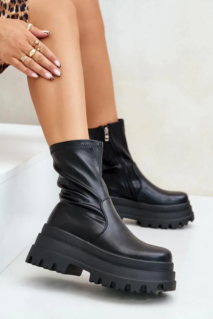 Boto Botki Ocieplane|Czarne Botki*Botki Na Masywnej Platformie Czarne Florinara