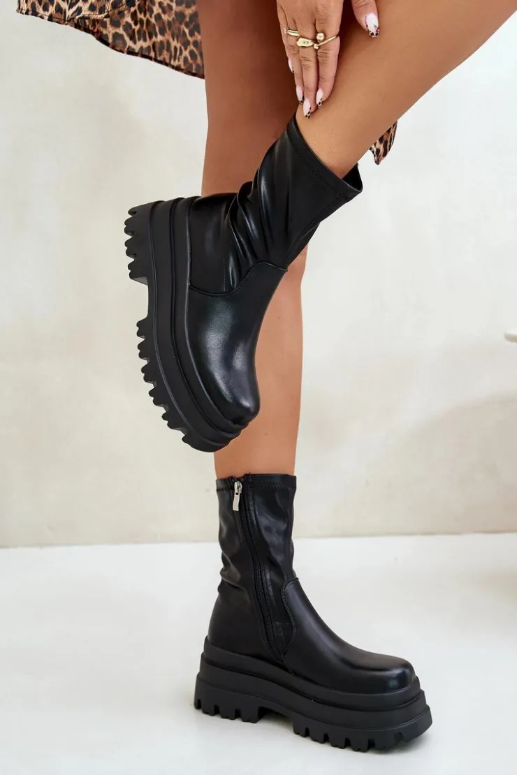 Boto Botki Ocieplane|Czarne Botki*Botki Na Masywnej Platformie Czarne Florinara