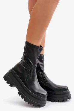 Boto Botki Ocieplane|Czarne Botki*Botki Na Masywnej Platformie Czarne Florinara