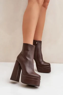 Damskie Boto Botki Na Masywnej Platformie I Słupku Ocieplane Czekoladowe Selahra
