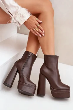 Damskie Boto Botki Na Masywnej Platformie I Słupku Ocieplane Czekoladowe Selahra