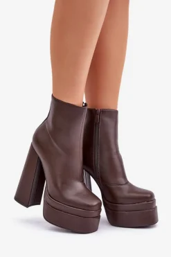 Damskie Boto Botki Na Masywnej Platformie I Słupku Ocieplane Czekoladowe Selahra