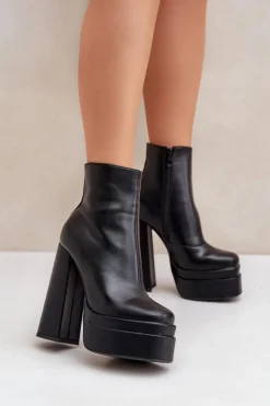 Clearance Boto Botki Na Masywnej Platformie I Słupku Ocieplane Czarne Selahra