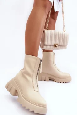 Damskie Boto Botki Na Masywnej Platformie Z Suwakiem Beżowe Kusma