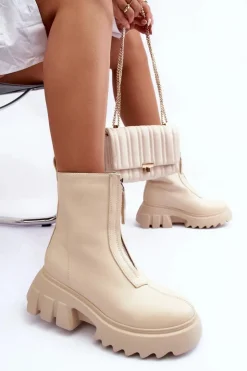 Damskie Boto Botki Na Masywnej Platformie Z Suwakiem Beżowe Kusma