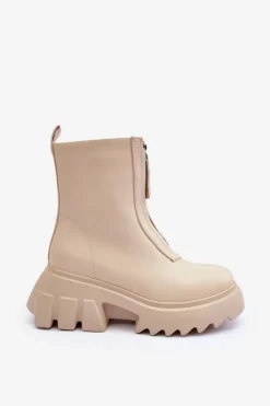 Damskie Boto Botki Na Masywnej Platformie Z Suwakiem Beżowe Kusma