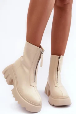 Damskie Boto Botki Na Masywnej Platformie Z Suwakiem Beżowe Kusma