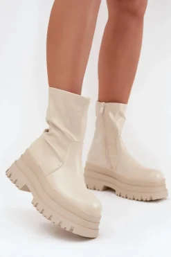 Boto Botki Ocieplane|Czarne Botki*Botki Na Masywnej Platformie Eko Skórzane Beżowe Kylira Beżowy