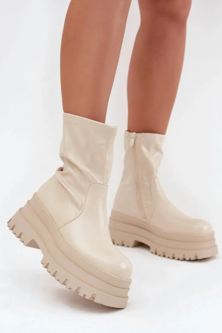 Boto Botki Ocieplane|Czarne Botki*Botki Na Masywnej Platformie Eko Skórzane Beżowe Kylira Beżowy