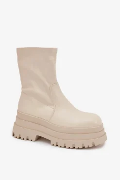 Boto Botki Ocieplane|Czarne Botki*Botki Na Masywnej Platformie Eko Skórzane Beżowe Kylira Beżowy