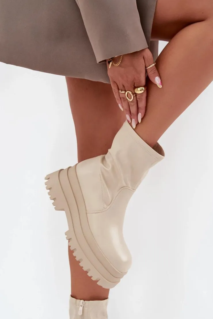 Boto Botki Ocieplane|Czarne Botki*Botki Na Masywnej Platformie Eko Skórzane Beżowe Kylira Beżowy