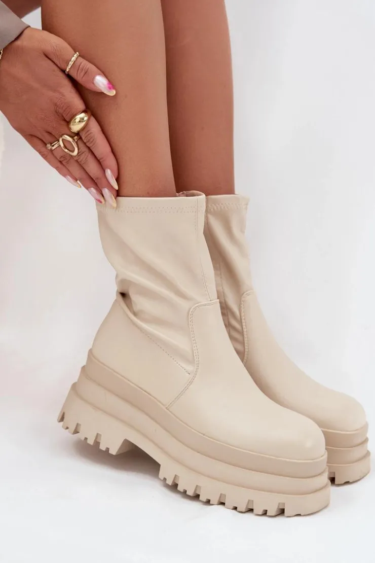 Boto Botki Ocieplane|Czarne Botki*Botki Na Masywnej Platformie Eko Skórzane Beżowe Kylira Beżowy