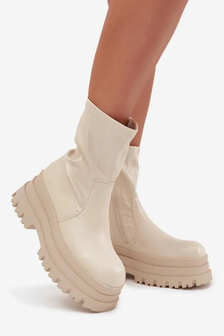 Boto Botki Ocieplane|Czarne Botki*Botki Na Masywnej Platformie Eko Skórzane Beżowe Kylira Beżowy