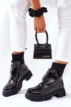 Damskie Boto Botki Na Masywnej Podeszwie Czarne Chicago