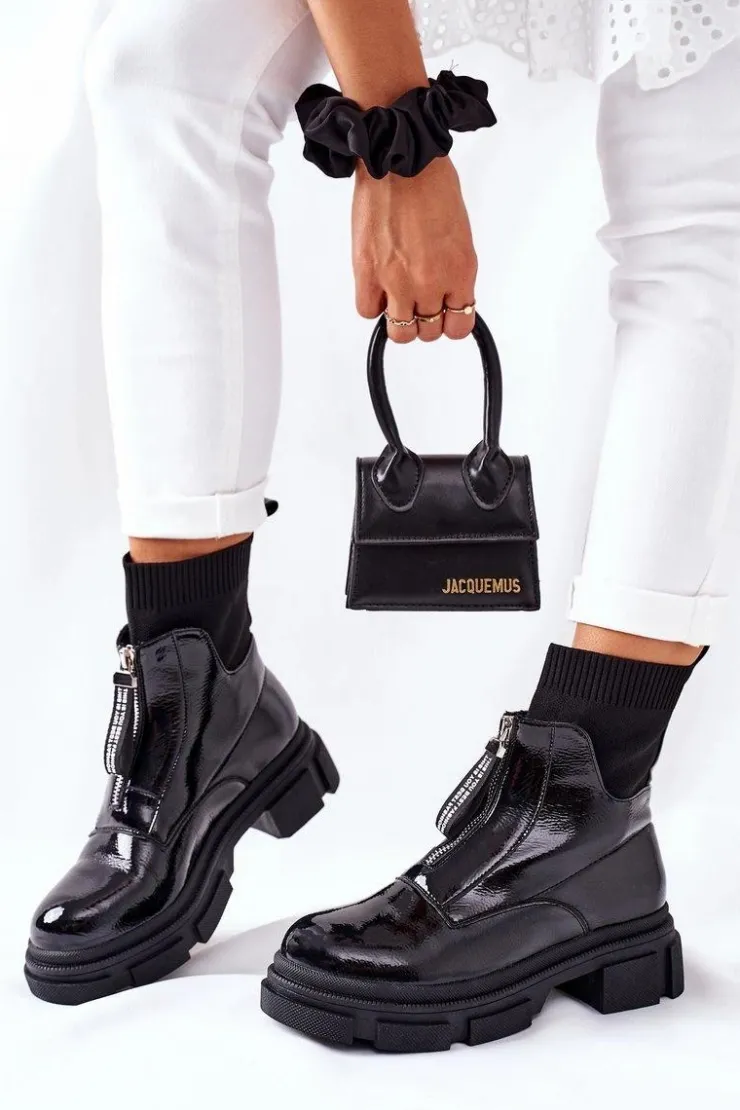 Damskie Boto Botki Na Masywnej Podeszwie Czarne Chicago