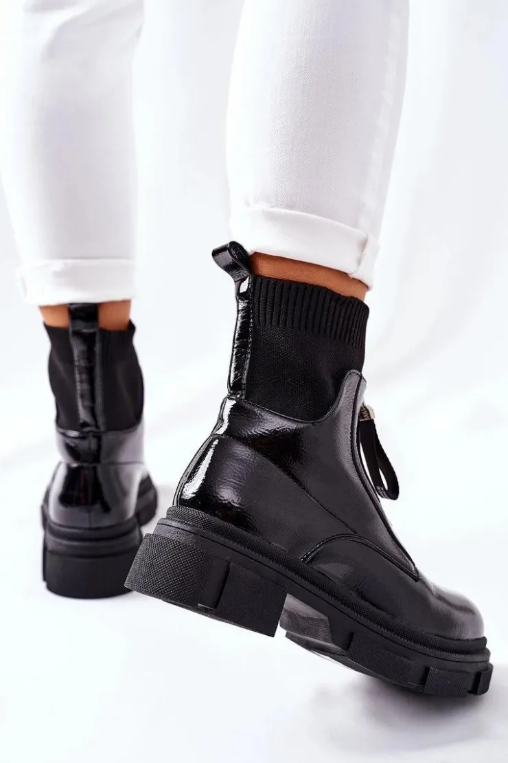 Damskie Boto Botki Na Masywnej Podeszwie Czarne Chicago